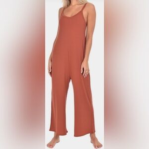 Paper Label Kyra Wide-Leg Ribbed Tencel Jumpsuit, Blood Orange, sz XL